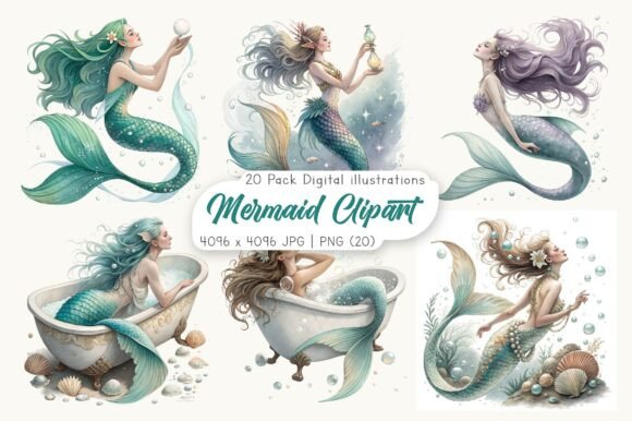 Download Watercolor Mermaid Clipart Bundle - Watercolor Collection