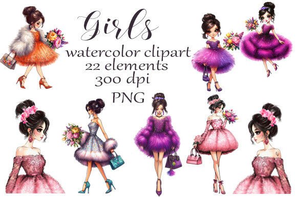 Download Watercolor Clipart of Girls in Dresses - Watercolor Collection