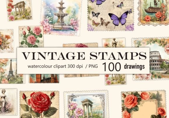 Download 100 Vintage Stamps Watercolor Clipart - Watercolor Collection
