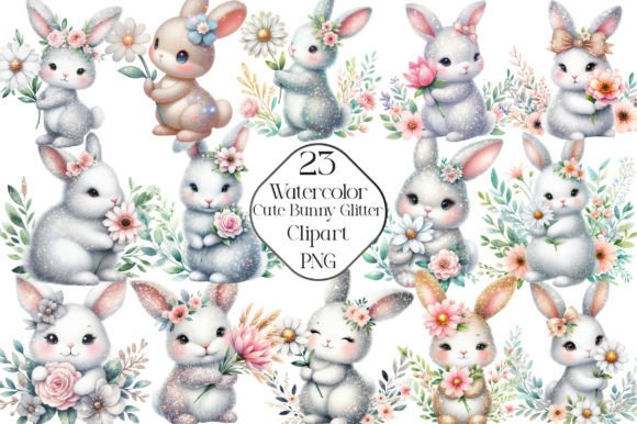 Download Watercolor Cute Bunny Glitter Clipart - Watercolor Collection