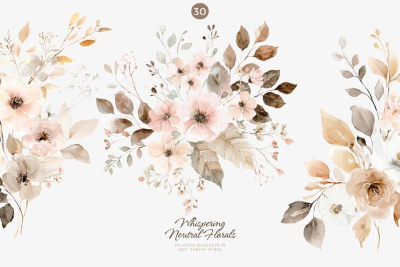 Download Neutral Florals, Watercolor Bouquet Set - Watercolor Collection