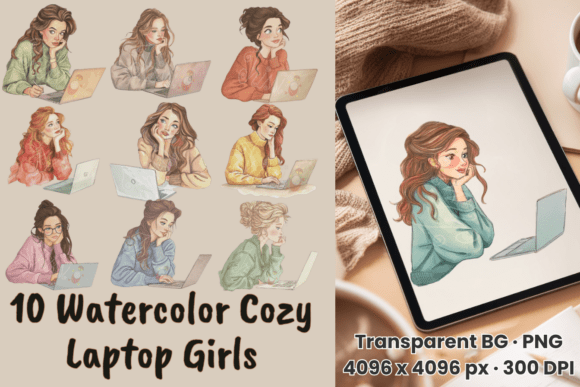 Download Watercolor Cozy Laptop Girls PNG Bundle - Watercolor Collection